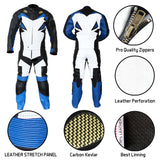 Perrini Storm 2pc Motorcycle Riding Racing Leather Track Suit Blue/White & Black