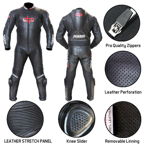 Perrini's Fusion Motorcycle Rider Racing Genuine Cowhide Leather Suit Black Color