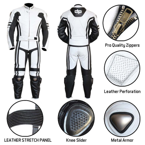 2 pc Perrini Ghost Motorcycle Racing Leather Suit With Metal Waist Zipper White