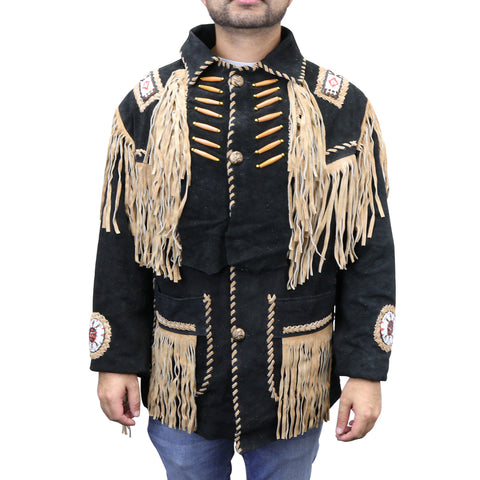 Perrini Native American Leather Jacket Cowboy Coat With Fringe & Beads Black New