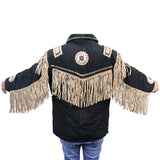 Perrini Native American Leather Jacket Cowboy Coat With Fringe & Beads Black New