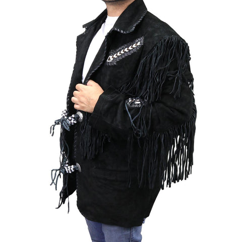 Perrini Native American Leather Jacket Cowboy Coat With Fringe & Beads Black