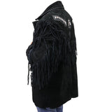 Perrini Native American Leather Jacket Cowboy Coat With Fringe & Beads Black