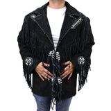 Perrini Native American Leather Jacket Cowboy Coat With Fringe & Beads Black