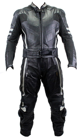 2pc Perrini Ghost II Motorcycle Racing Leather Suit with Metal Waist Zipper Black