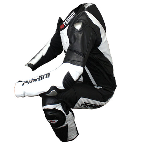 Perrini's Pulsar 1Pc White & Black Genuine Leather Motorbike Riding Racing Suit