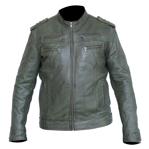 New Mens Genuine Sheep Skin Leather Fashion Jacket Green 4 Zipped chest Pocket