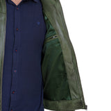New Mens Genuine Sheep Skin Leather Fashion Jacket Green 4 Zipped chest Pocket