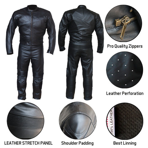 Perrini Venom 2pc Motorcycle Riding Racing Track Suit w/ Padding Drag Suit Black