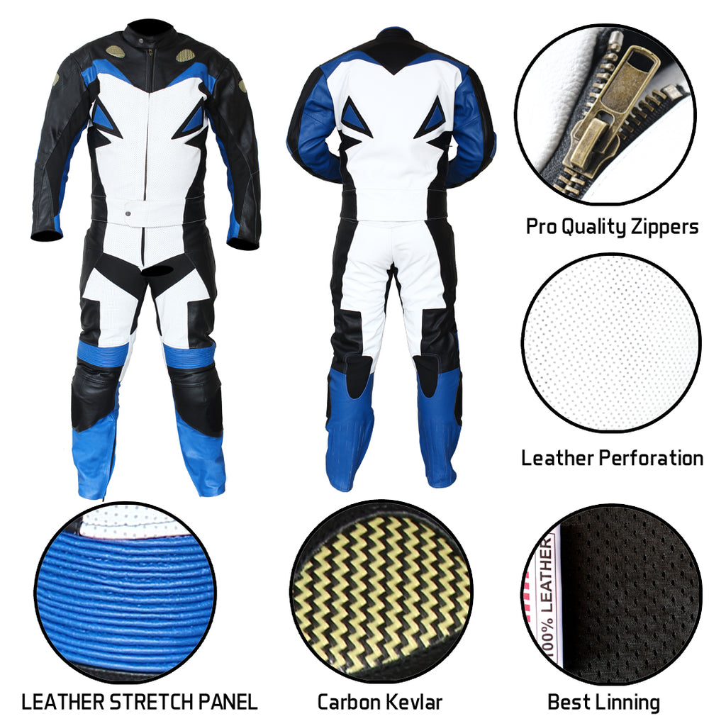 Perrini Storm 2pc Motorcycle Riding Racing Leather Track Suit Blue