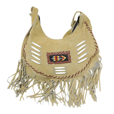 Perrini Beige Fringed Cross Body Purse Fringe Boho Leather Bag Crossbody Handbag