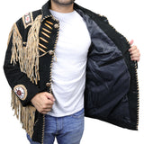 Perrini Native American Leather Jacket Cowboy Coat With Fringe & Beads Black New