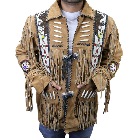 Perrini Native American Leather Jacket Cowboy Coat With Fringe & Beads Beige New