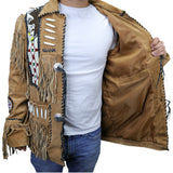 Perrini Native American Leather Jacket Cowboy Coat With Fringe & Beads Beige New