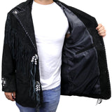 Perrini Native American Leather Jacket Cowboy Coat With Fringe & Beads Black