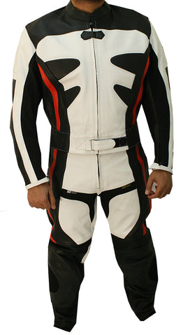 Perrini 2pc Black/ White Alienator Motorcycle Genuine Leather Racing Riding Suit