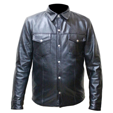 Perrini Mens Black Soft Leather Full Sleeve Button up Motorcycle Biker Dress Shirt Lined