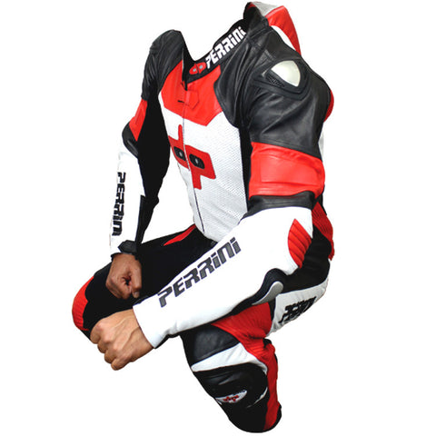 Perrini Pulsar 1Pc Red White & Black Genuine Leather Motorbike Riding Racing Suit