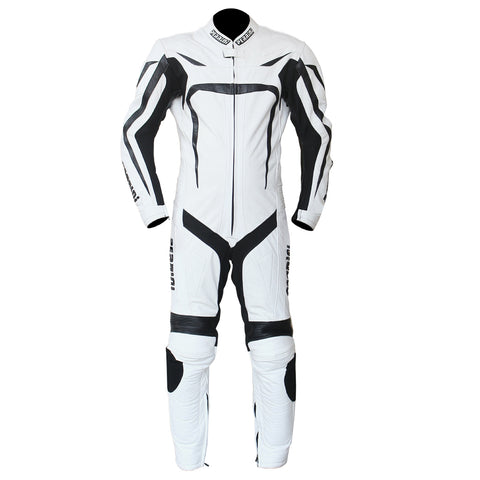 Perrini 1 PC White & Black Genuine Cowhide Leather Motorcycle Riders Racing Suit With Hump Safety Pad