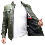 New Mens Genuine Sheep Skin Leather Fashion Jacket Green 2 buttoned chest Pocket