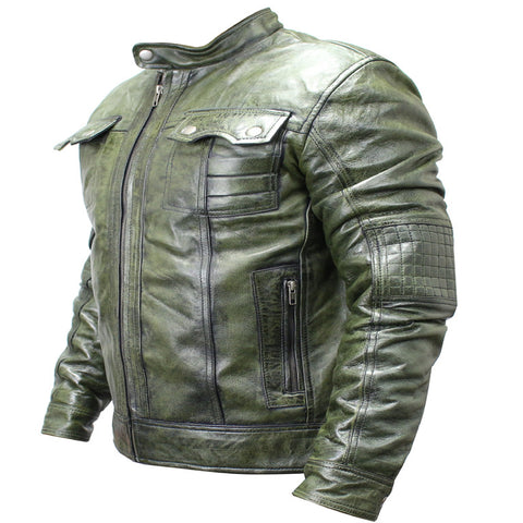 New Mens Genuine Sheep Skin Leather Fashion Jacket Green 2 buttoned chest Pocket